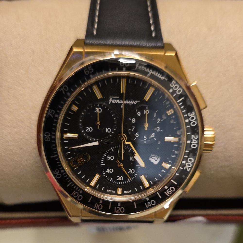 Salvatore Ferragamo Black and Gold Men's Chronograph Watch